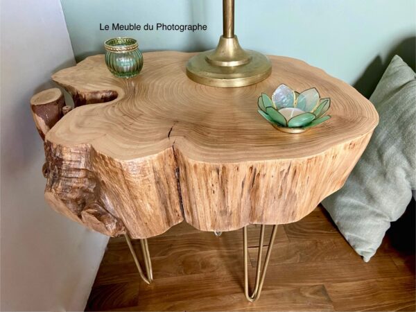 table basse rondin de bois sur pieds fer doré